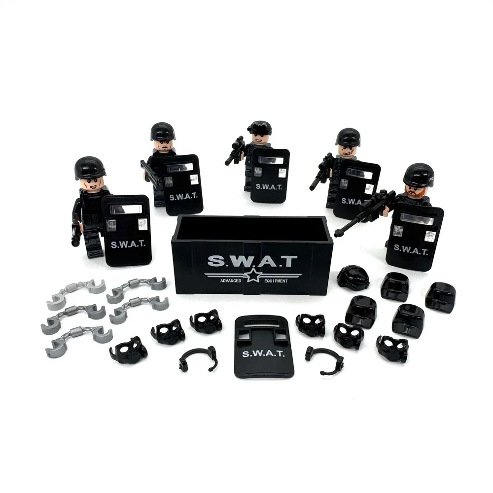 Battle Brick SWAT Police Minifigure Lot Weapons Shields Equipment Bin‎ Custom